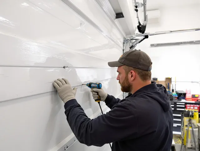 West Whittier-Los Nietos Garage Door Repair technician demonstrating precision dent removal techniques on a West Whittier-Los Nietos garage door